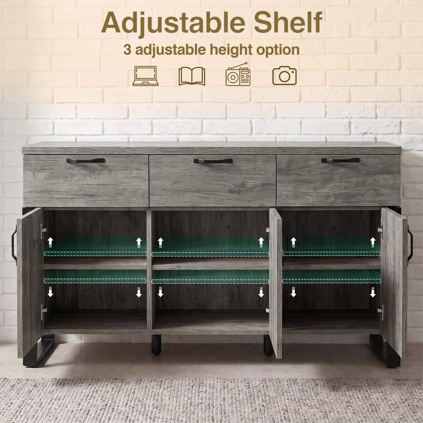 [Wooden Grey] Millwright 3 door sideboard open with adjustable shelf height options inside the cupboards
