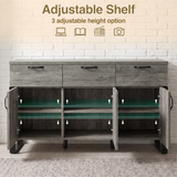 [Wooden Grey] Millwright 3 door sideboard open with adjustable shelf height options inside the cupboards