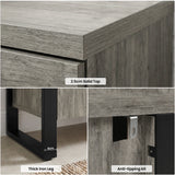 [Wooden Grey] Millwright sideboard detail collage showing thick top, black iron leg and anti-tip kit