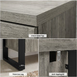 [Wooden Grey] Millwright sideboard detail collage showing thick top, black iron leg and anti-tip kit