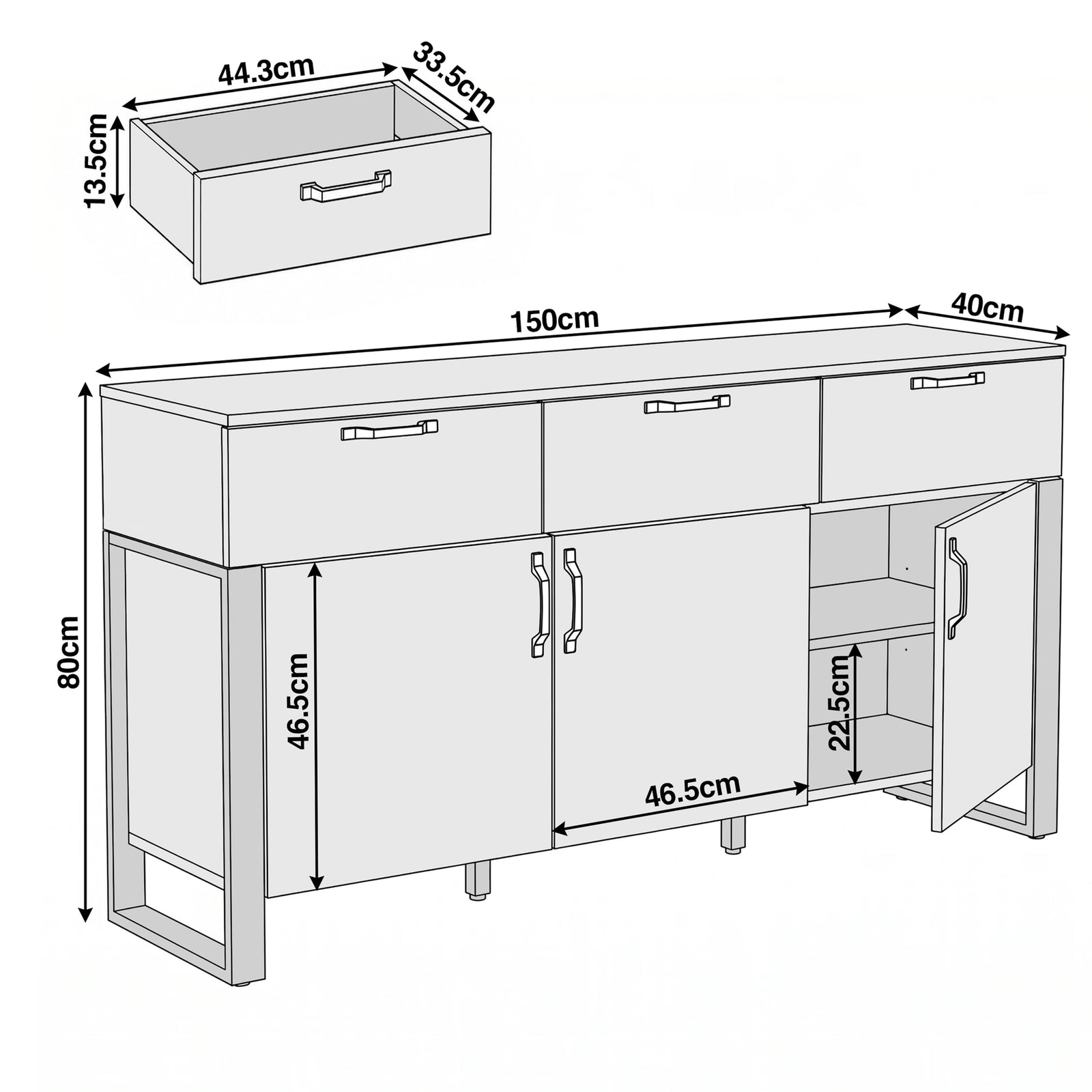 [Wooden Grey] Millwright 3 door sideboard dimensions: 150W x40D x80H cm; drawer 44.3W x33.5D x13.5H cm