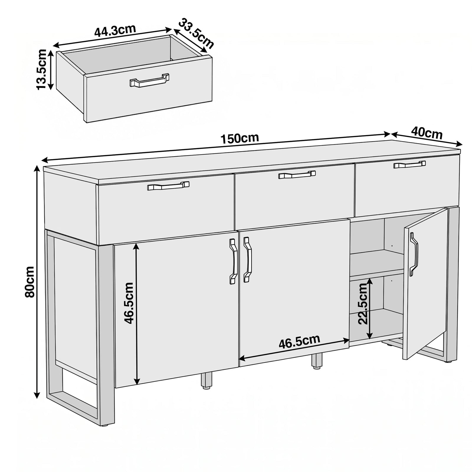 [Wooden Grey] Millwright 3 door sideboard dimensions: 150W x40D x80H cm; drawer 44.3W x33.5D x13.5H cm