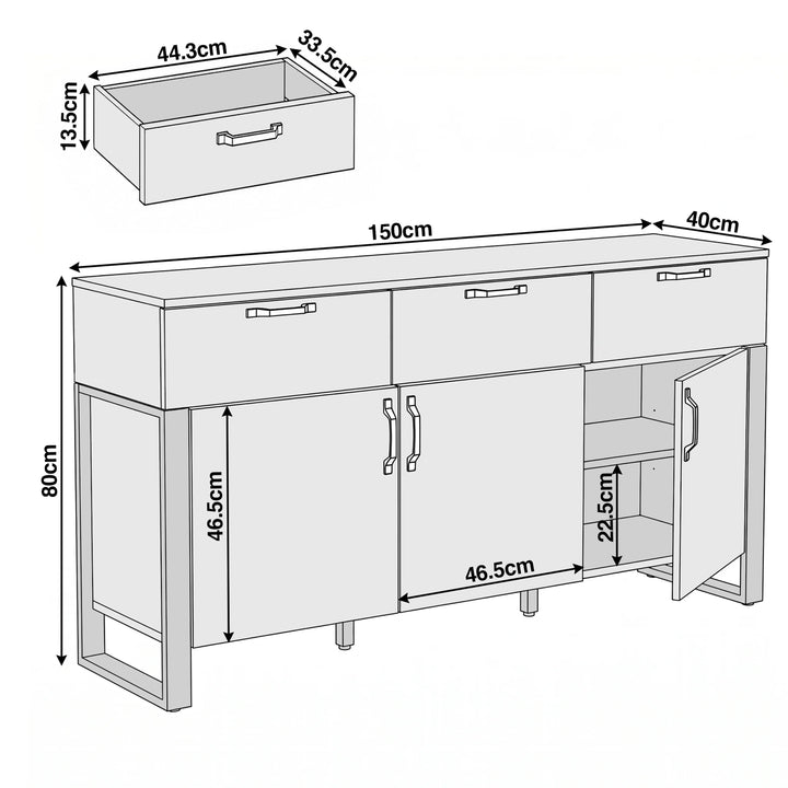 [Wooden Grey] Millwright 3 door sideboard dimensions: 150W x40D x80H cm; drawer 44.3W x33.5D x13.5H cm