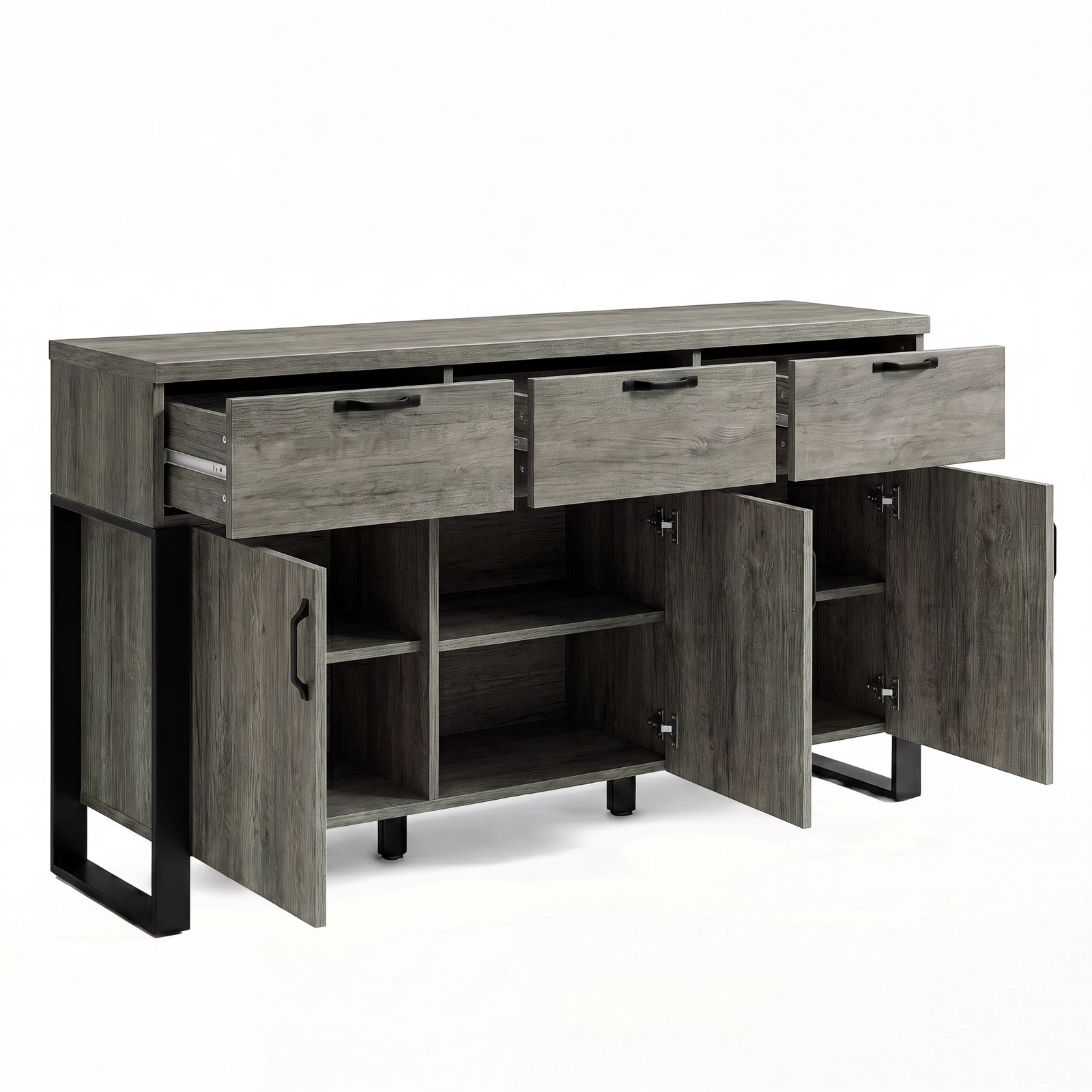 [Wooden Grey] Millwright 3 door sideboard with three drawers and lower cupboard doors open