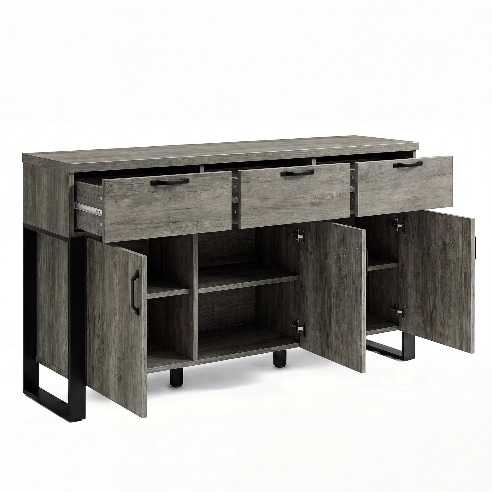 [Wooden Grey] Millwright 3 door sideboard with three drawers and lower cupboard doors open