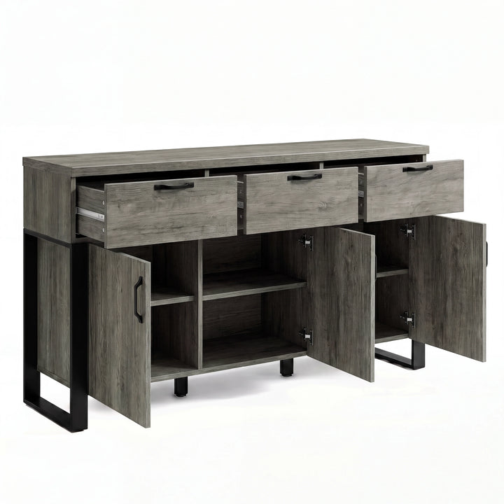 [Wooden Grey] Millwright 3 door sideboard with three drawers and lower cupboard doors open