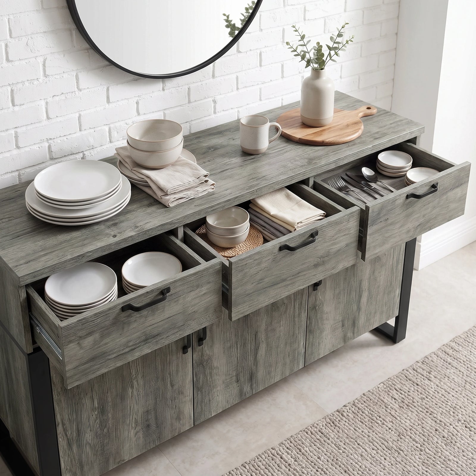 [Wooden Grey] Millwright sideboard drawers open to show plates, bowls, cups and tableware storage