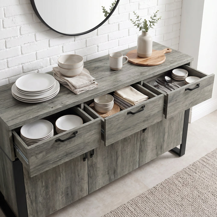 [Wooden Grey] Millwright sideboard drawers open to show plates, bowls, cups and tableware storage