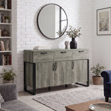 [Wooden Grey] Millwright industrial 3 door sideboard shown closed below a mirror in a living room