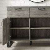 [Wooden Grey] Millwright 3 door sideboard open to show lower cupboard shelves and dividers