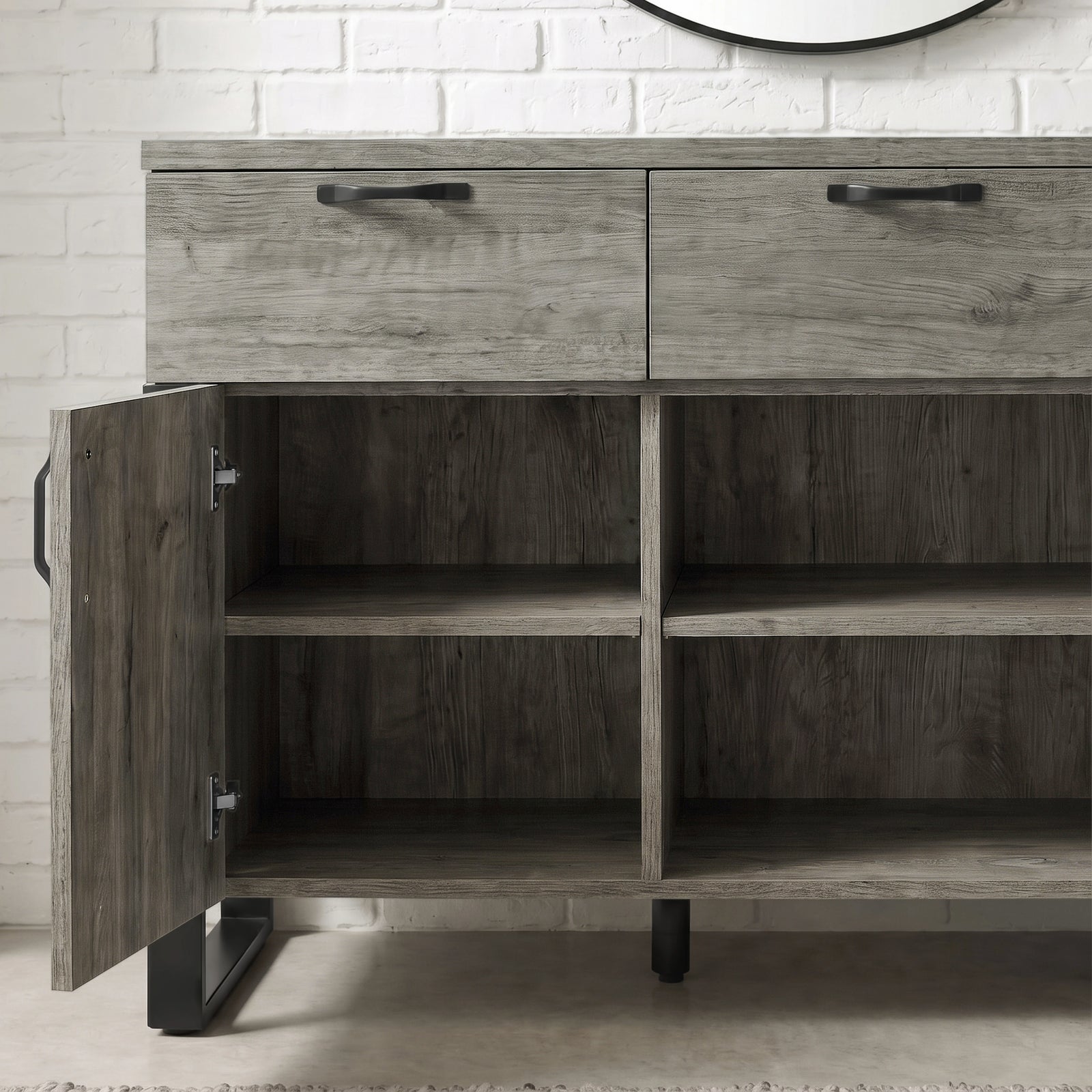 [Wooden Grey] Millwright 3 door sideboard open to show lower cupboard shelves and dividers