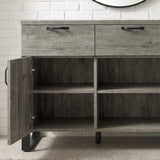 [Wooden Grey] Millwright 3 door sideboard open to show lower cupboard shelves and dividers