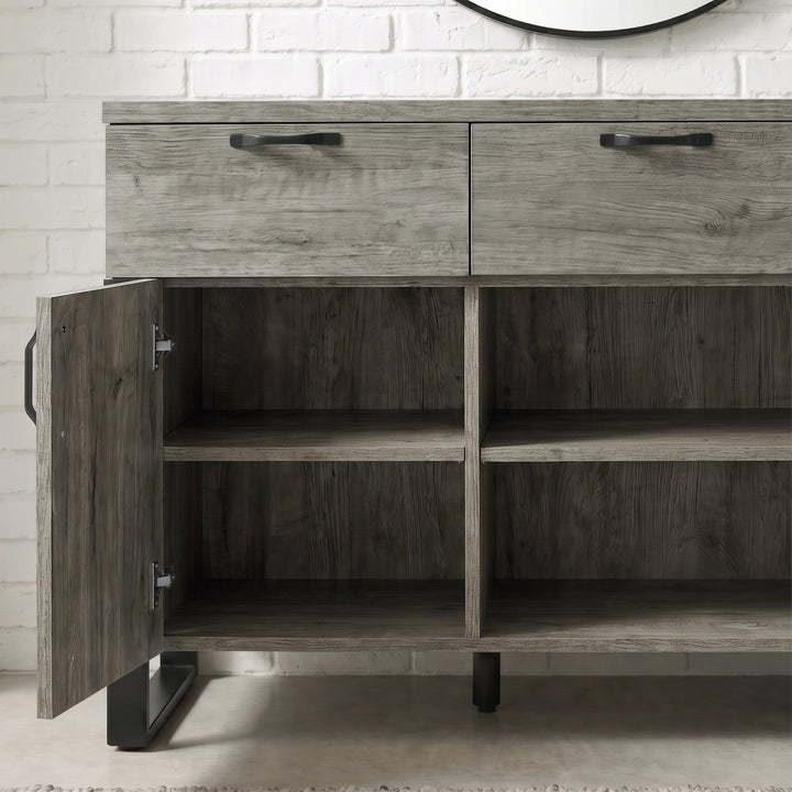 [Wooden Grey] Millwright 3 door sideboard open to show lower cupboard shelves and dividers