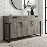 [Wooden Grey] Millwright industrial 3 door sideboard with three drawers, black handles and frame legs