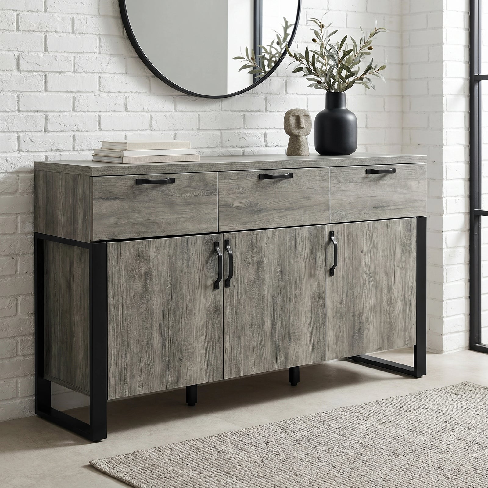 [Wooden Grey] Millwright industrial 3 door sideboard with three drawers, black handles and frame legs