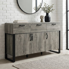 [Wooden Grey] Millwright industrial 3 door sideboard with three drawers, black handles and frame legs