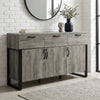 [Wooden Grey] Millwright industrial 3 door sideboard with three drawers, black handles and frame legs