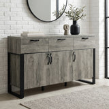 [Wooden Grey] Millwright industrial 3 door sideboard with three drawers, black handles and frame legs