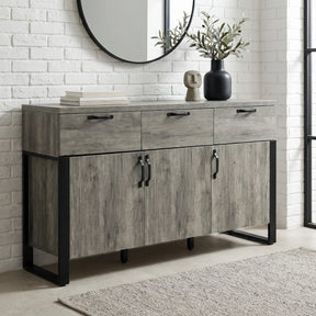[Wooden Grey] Millwright industrial 3 door sideboard with three drawers, black handles and frame legs