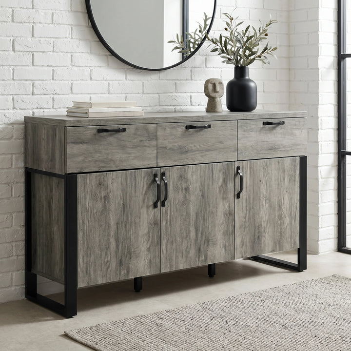 [Wooden Grey] Millwright industrial 3 door sideboard with three drawers, black handles and frame legs