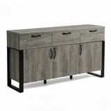 [Wooden Grey] Millwright 3 door sideboard studio view with three drawers and black frame legs
