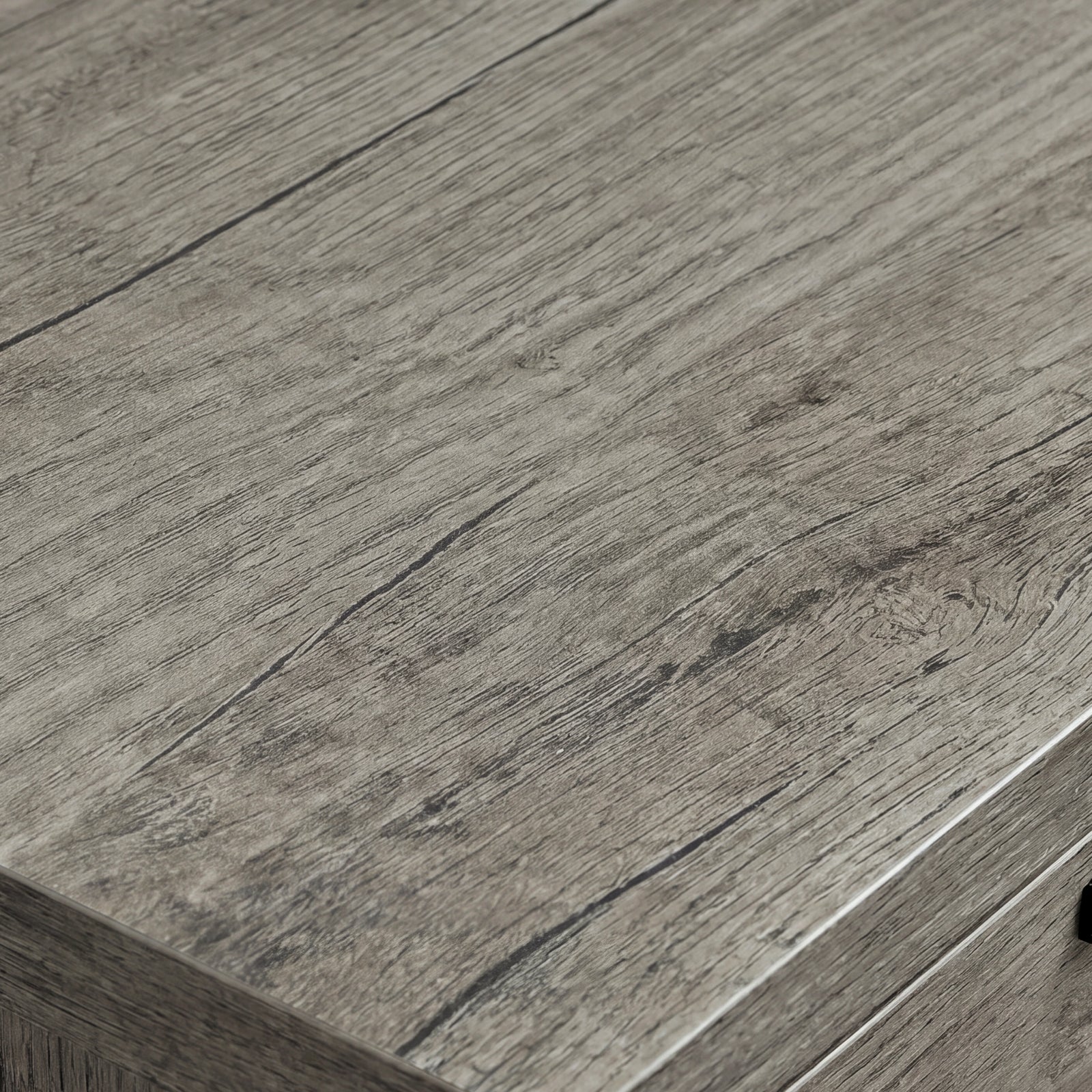 [Wooden Grey] Millwright sideboard close-up showing wooden grey grain texture on the top surface