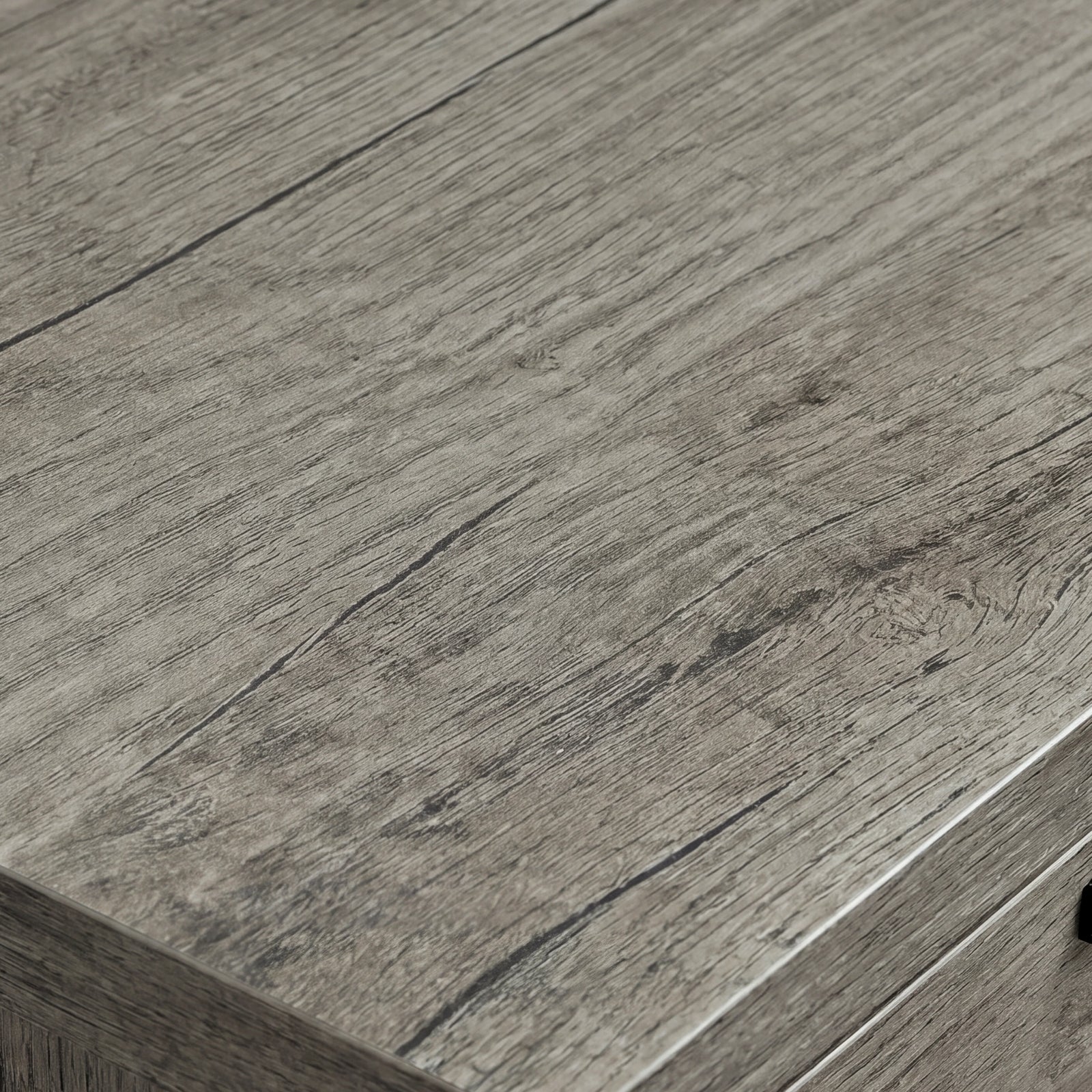 [Wooden Grey] Millwright sideboard close-up showing wooden grey grain texture on the top surface