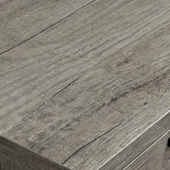 [Wooden Grey] Millwright sideboard close-up showing wooden grey grain texture on the top surface