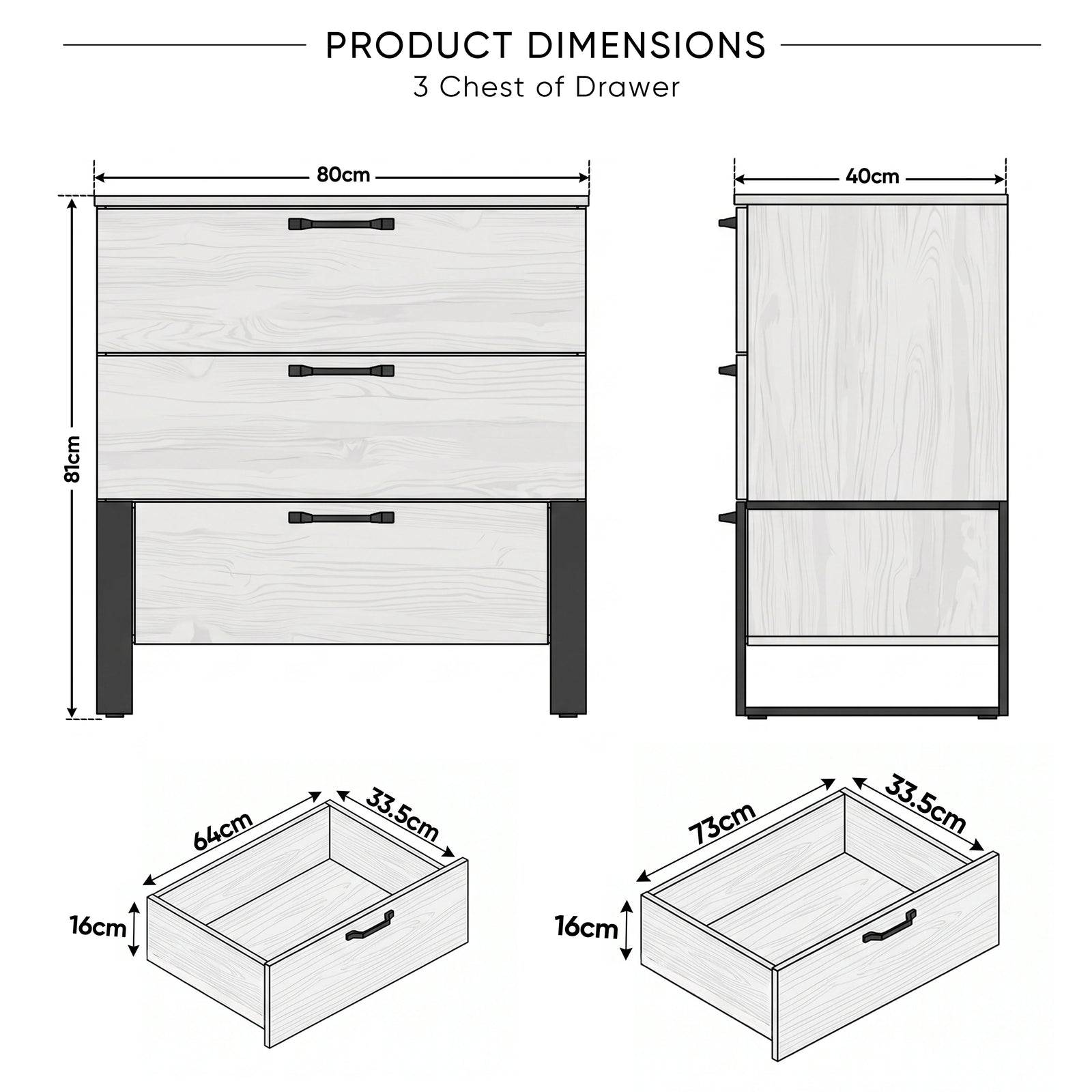 [Wooden Grey] Millwright 3 drawer chest dimensions: 80W x40D x81H cm; drawers 64/73W x33.5D x16H cm
