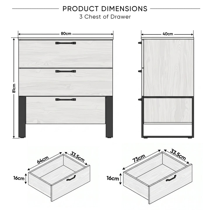 [Wooden Grey] Millwright 3 drawer chest dimensions: 80W x40D x81H cm; drawers 64/73W x33.5D x16H cm