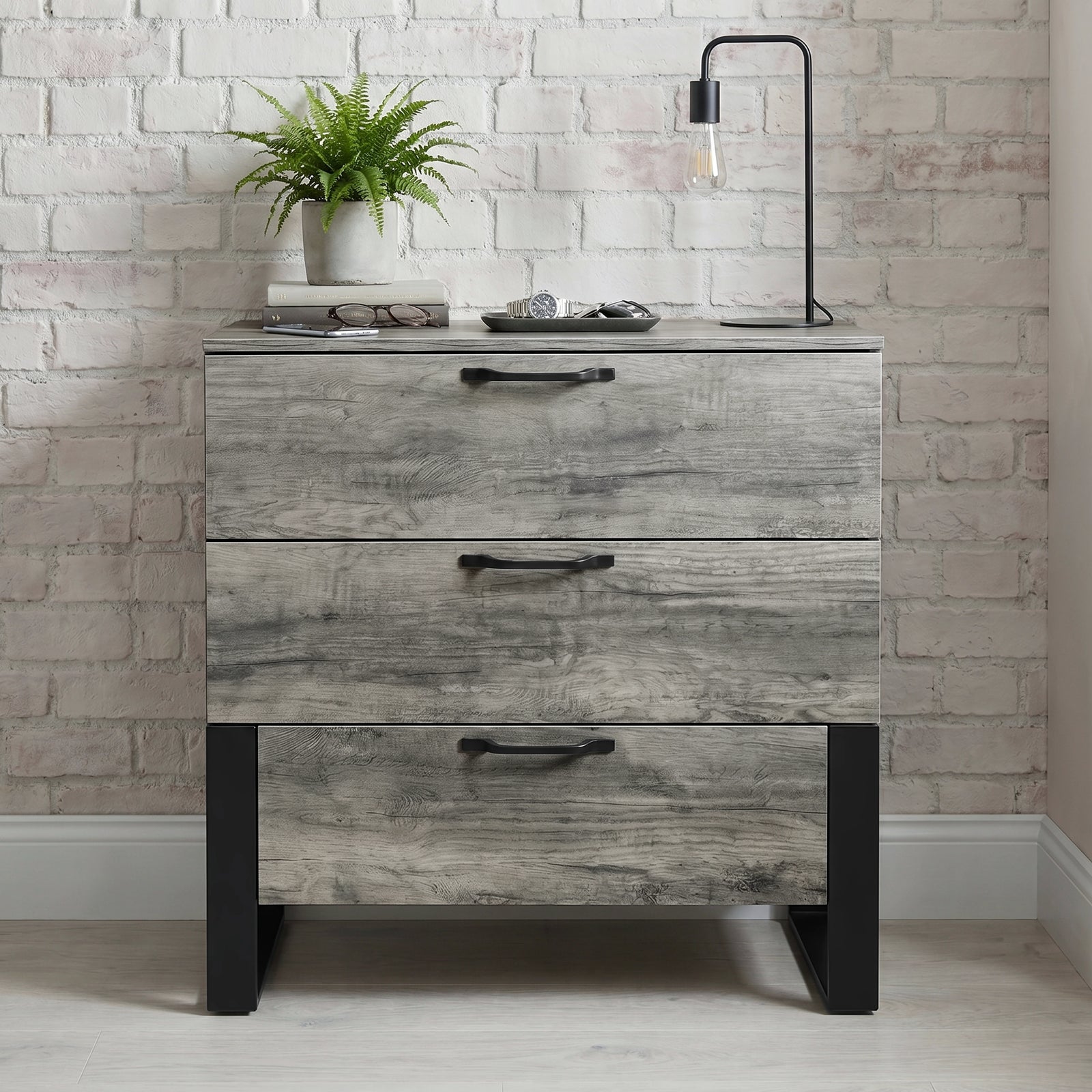 [Wooden Grey] Millwright industrial 3 drawer chest of drawers with black handles and raised legs