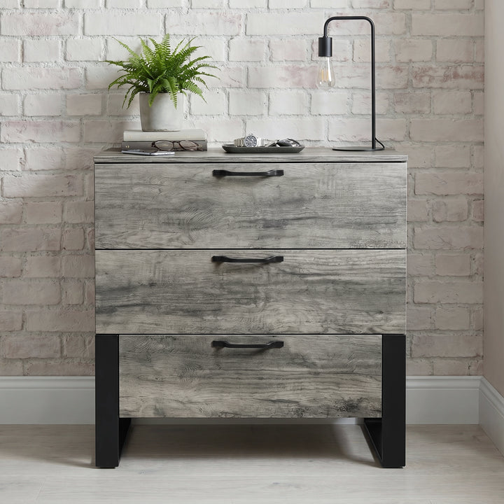 [Wooden Grey] Millwright industrial 3 drawer chest of drawers with black handles and raised legs