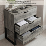 [Wooden Grey] Millwright 3 drawer chest of drawers with all drawers open showing folded clothes storage