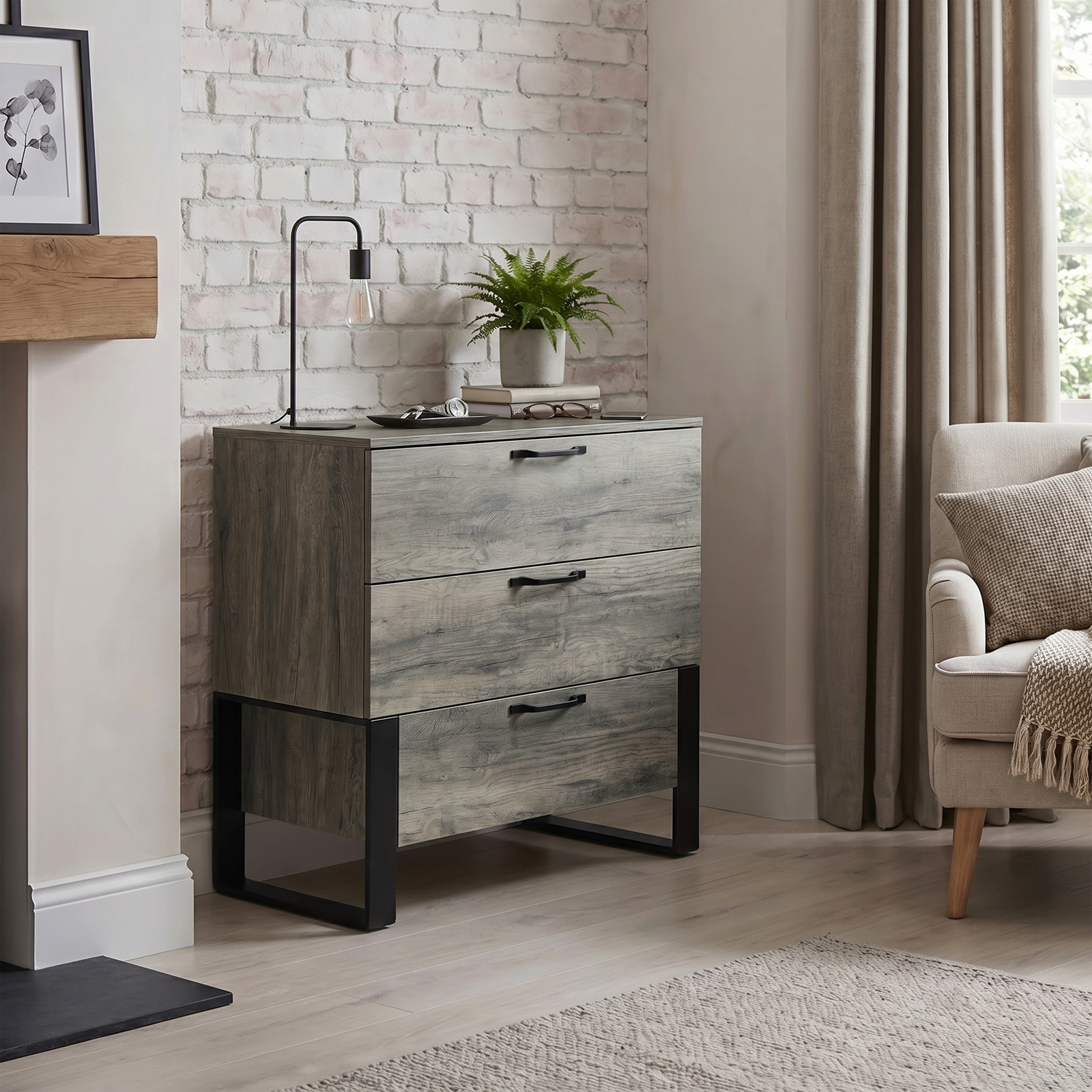 [Wooden Grey] Millwright industrial 3 drawer chest of drawers with black handles in a room view