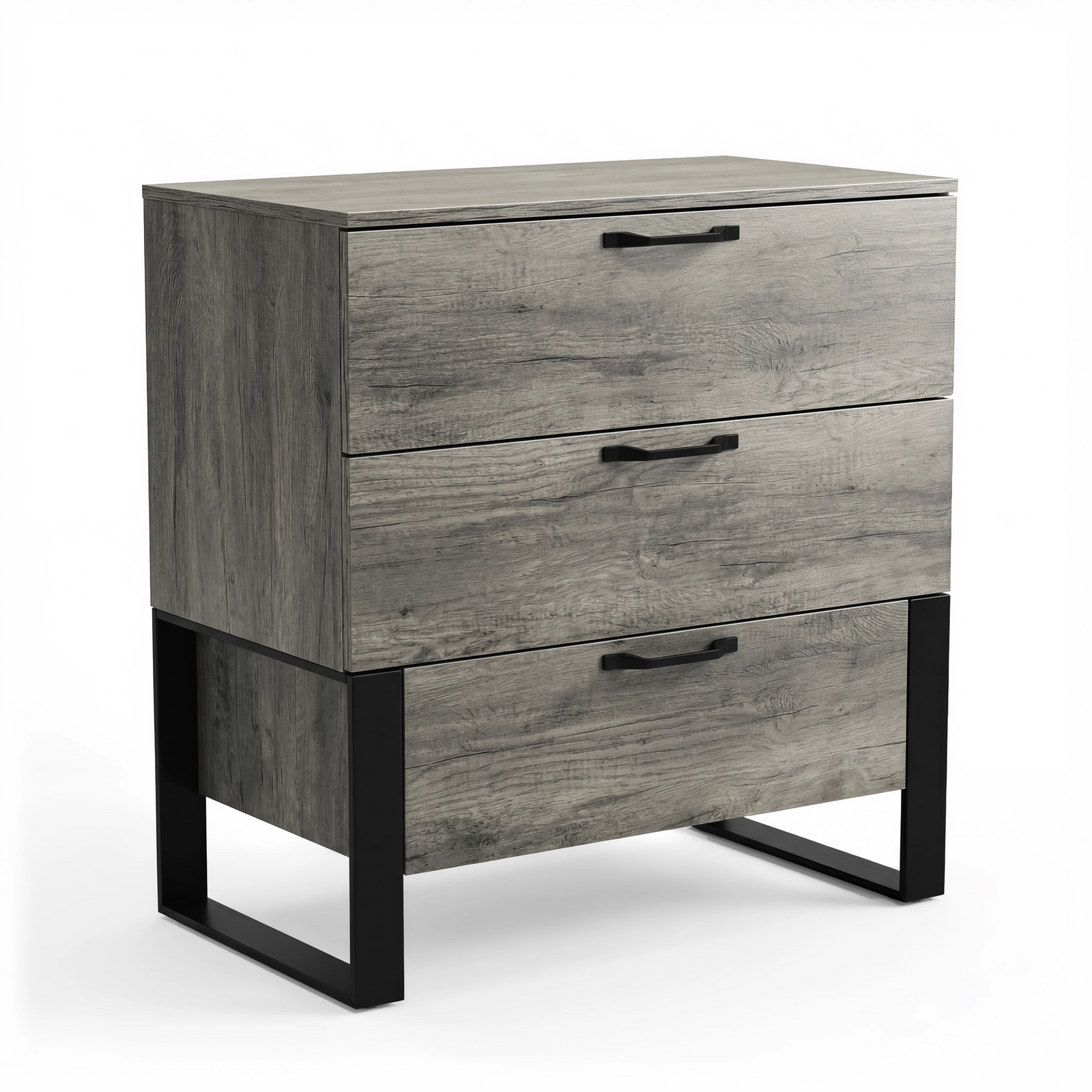 [Wooden Grey] Millwright 3 drawer chest of drawers studio front view with black handles and frame legs