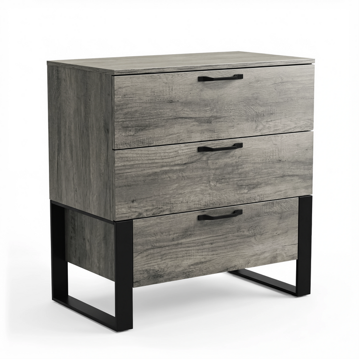 [Wooden Grey] Millwright 3 drawer chest of drawers studio front view with black handles and frame legs