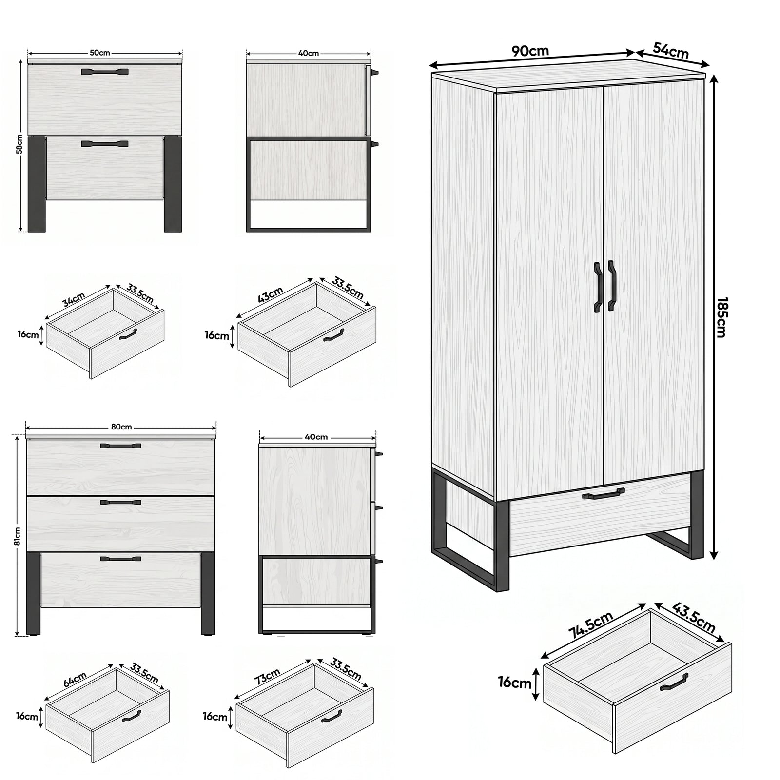 [Wooden Grey] Millwright bedroom set dimensions: wardrobe 90W x54D x185H; chest 80W x40D x81H; bedside 50W x40D x58H cm