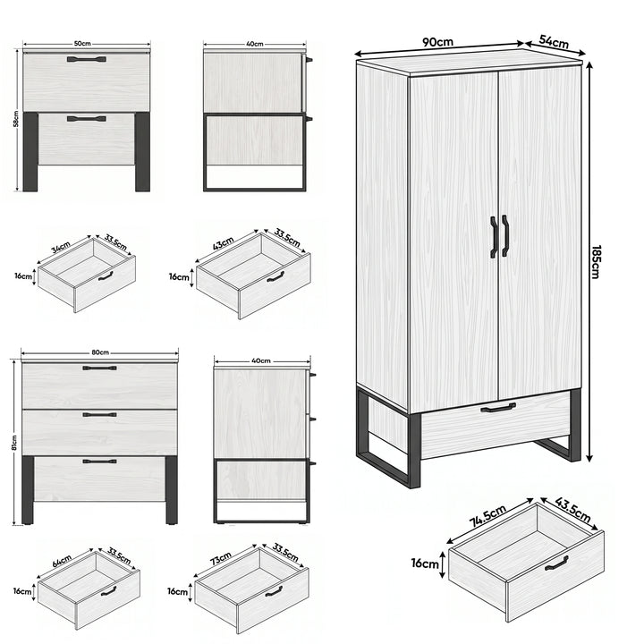 [Wooden Grey] Millwright bedroom set dimensions: wardrobe 90W x54D x185H; chest 80W x40D x81H; bedside 50W x40D x58H cm