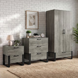 [Wooden Grey] Millwright industrial bedroom furniture set with wardrobe, 3 drawer chest and bedside table in hanging style