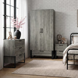 [Wooden Grey] Millwright industrial bedroom set with wardrobe and 3 drawer chest in a bedroom room view