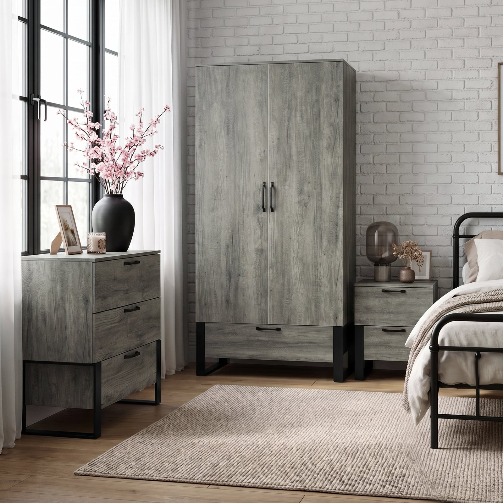 [Wooden Grey] Millwright industrial bedroom set with wardrobe and 3 drawer chest in a bedroom room view