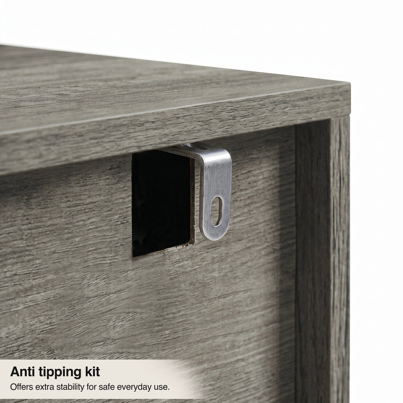 [Wooden Grey] Millwright 3 drawer chest close-up showing anti-tip kit for safer everyday use