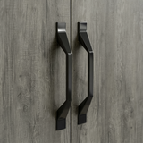 [Wooden Grey] Millwright wardrobe close-up showing black angular handles on wooden grey doors