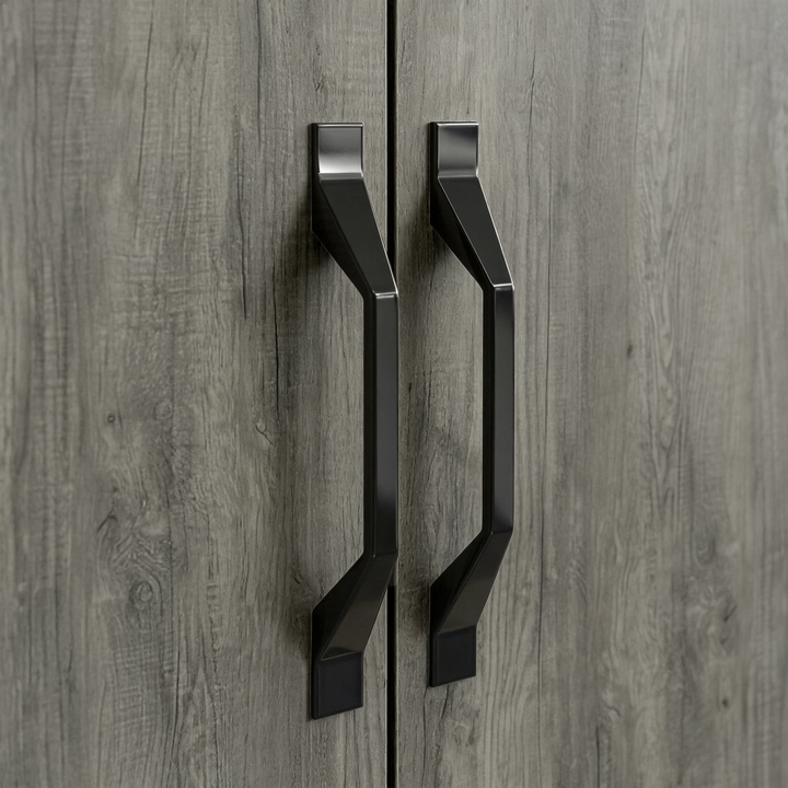 [Wooden Grey] Millwright wardrobe close-up showing black angular handles on wooden grey doors