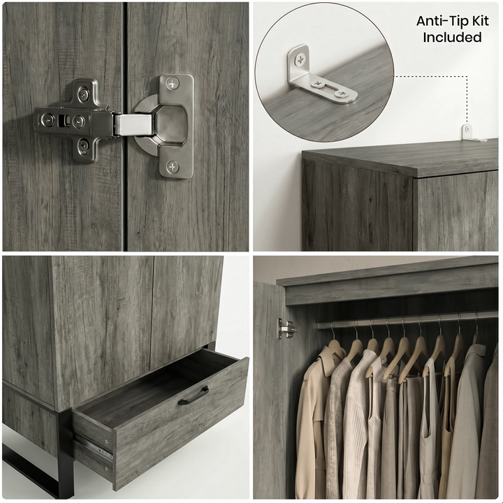 [Wooden Grey] Millwright wardrobe feature collage showing hinge, anti-tip kit, drawer and hanging rail