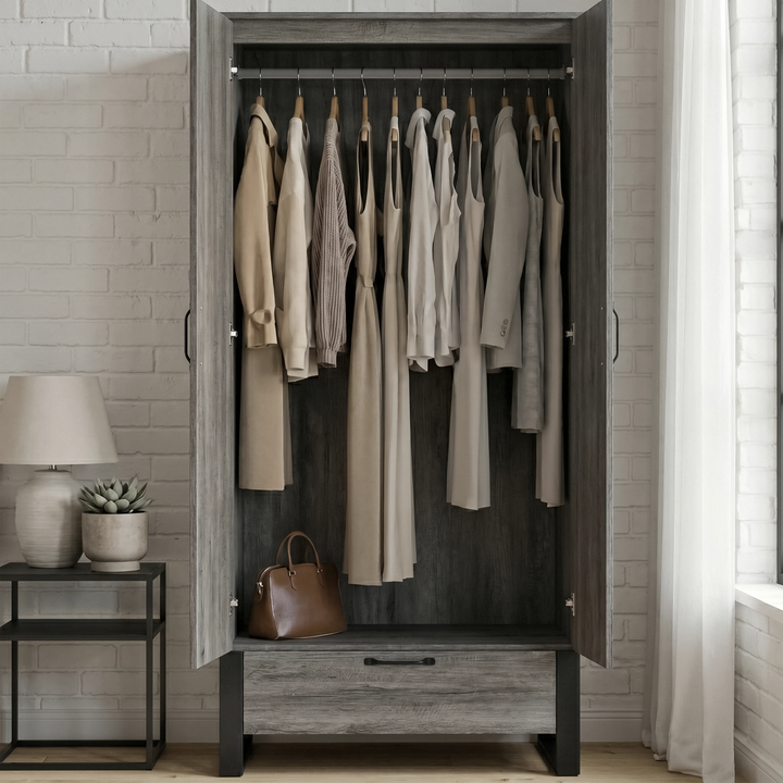 [Wooden Grey] Millwright 2 door wardrobe open with hanging clothes, lower storage and bottom drawer