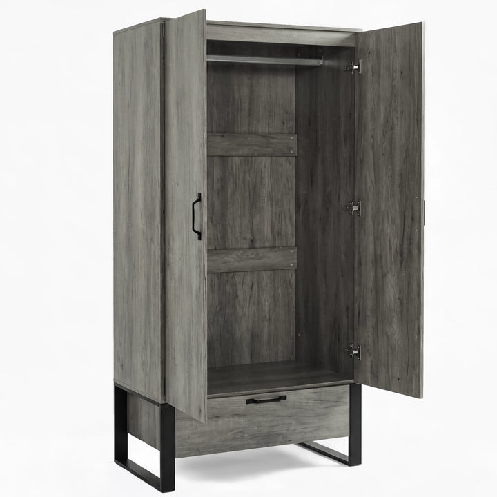 [Wooden Grey] Millwright 2 door wardrobe open to show empty interior, shelf space and bottom drawer