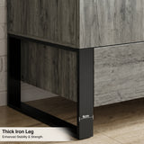 [Wooden Grey] Millwright 2 door wardrobe close-up showing thick black iron leg and raised frame
