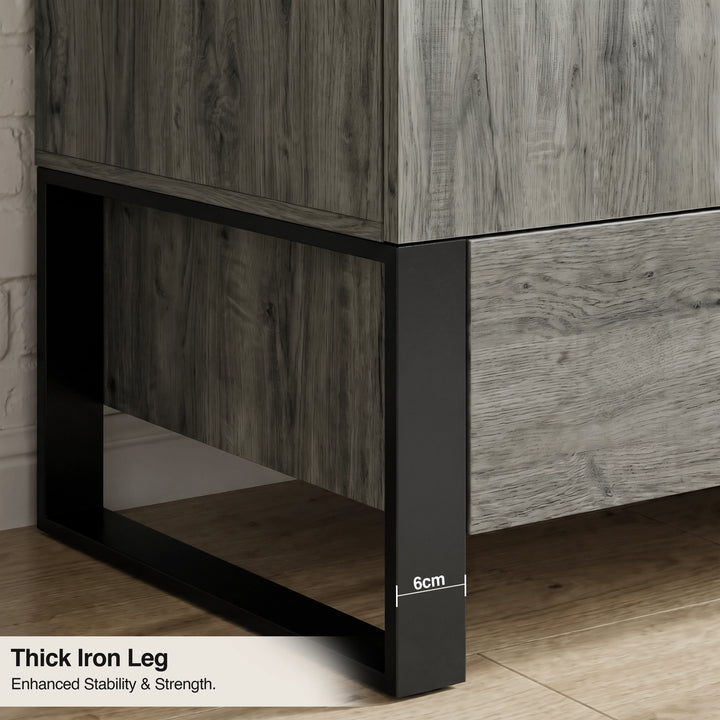 [Wooden Grey] Millwright 2 door wardrobe close-up showing thick black iron leg and raised frame