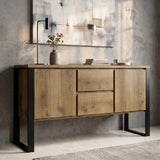 [Oak Effect] Millwright industrial sideboard styled with wall art, lamp, vase, tray, two cabinet, and two central drawers